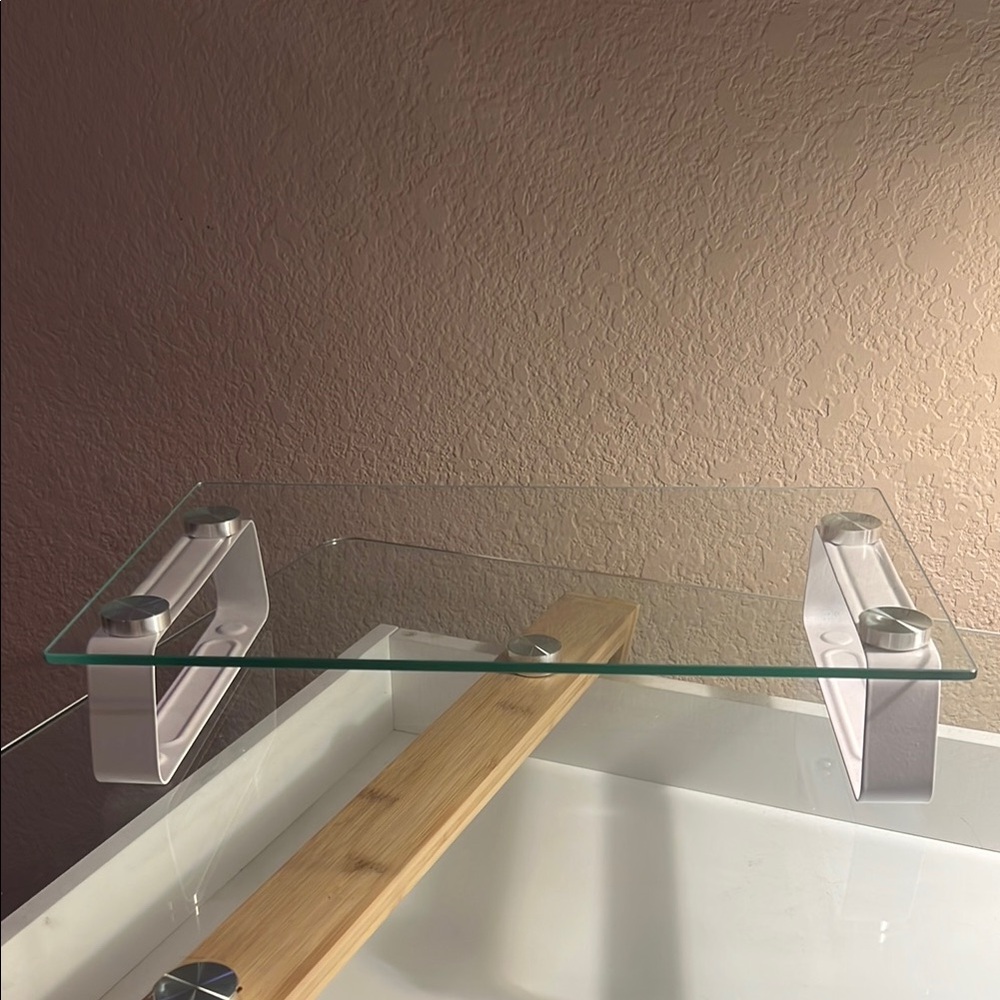 Modern Computer Glass Shelf Stand with Silver Brackets